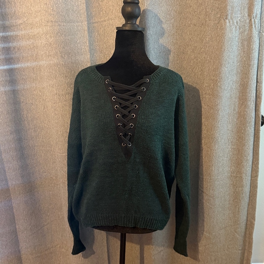 Express Forest Green Lace-Up Sweater
